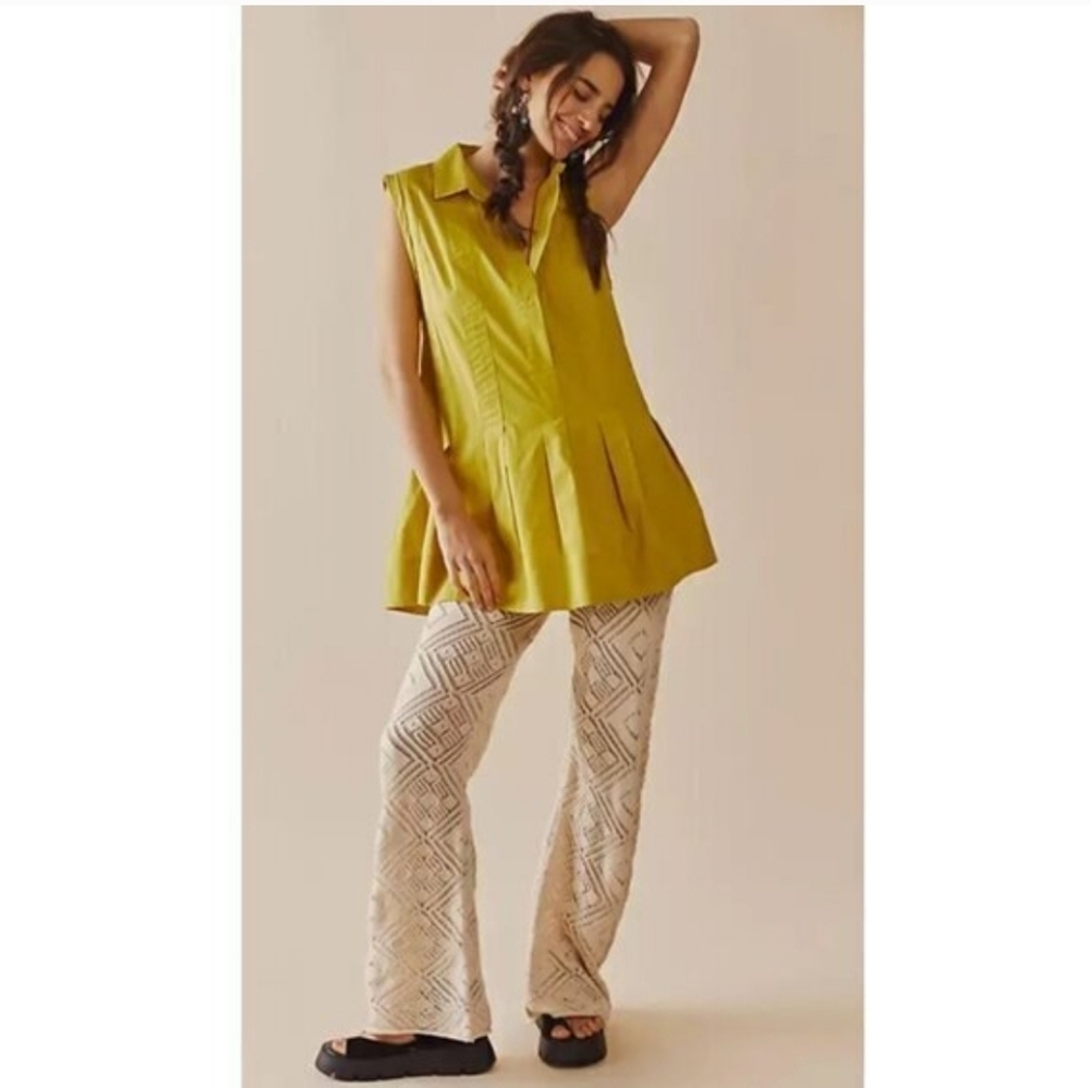 Free People Naomi Pleated Cotton Minidress Olive Yellow Green Sz M